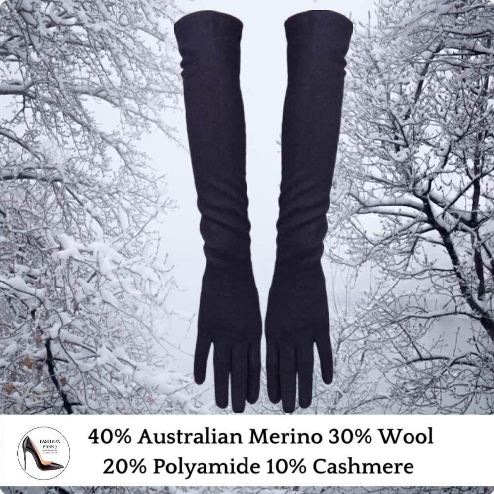 Black Long Cashmere Merino Wool Gloves Elbow Length Cashmere Driving Gloves Gift